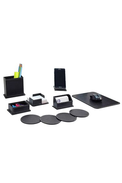 prozenis Black Leather 7 Piece Office Table Top Set 3707