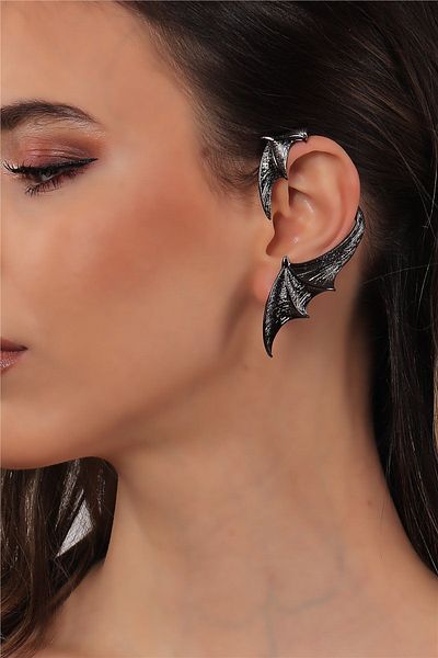 LABALABA Women's Anthracite Lacquer Plated Studded Model Ear Cuff Left Ear Bat Earring