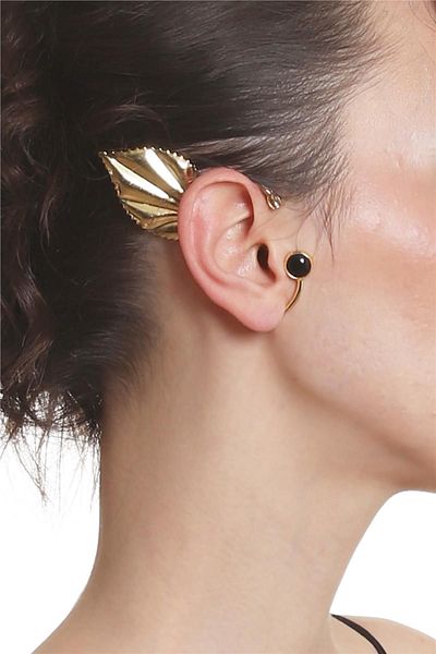 LABALABA Women's Gold Color Lacquer Plated Rhinestone Leaf Stylize Right Ear Earcuff & Cartilage Earrings
