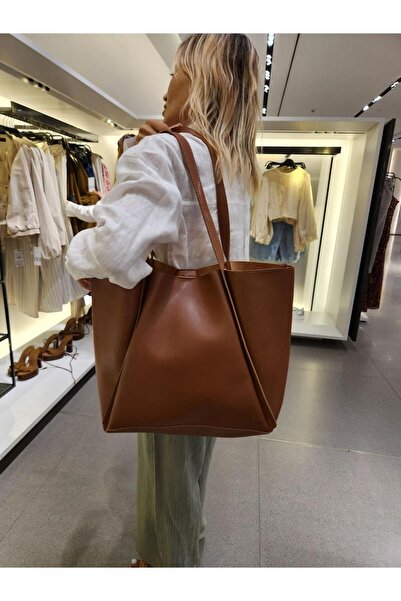 Mercan STORES Women's Tan Soft Leather Large Size Shopper Bag MC2001
