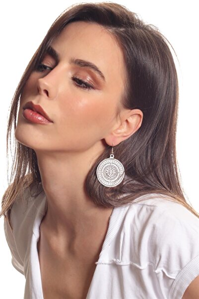 LABALABA Kadın Antik Gümüş Kaplama Sallantılı Model Dairesel Formlu Hayat Ağacı Baskılı Küpe