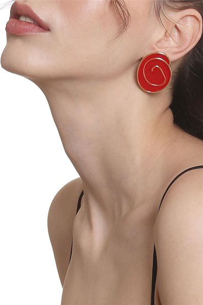 LABALABA Women's Gold Color Lacquer Plated Studded Model Red Enamel Earrings