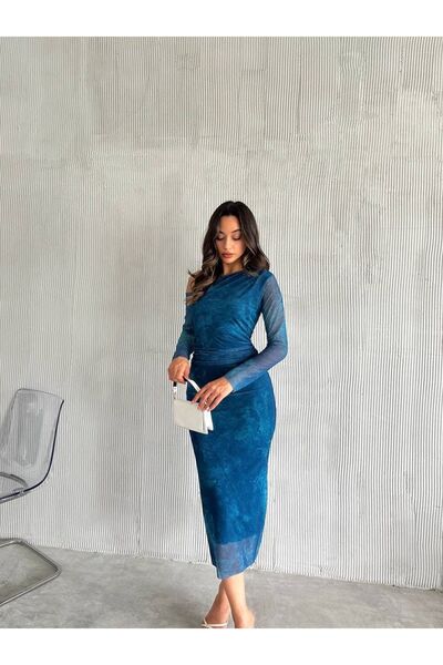 maf collection kadın tül kollu omzu açık midi abiye elbise