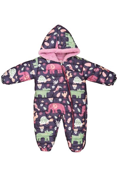 Mika Bebek & Çocuk Pink Hooded Baby Girl Astronaut Cosmonaut Jumpsuit - Elephant Figure and Fur Inside