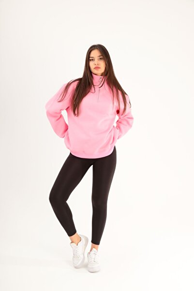 Butik Pembe Yarım Fermuarlı Yüksek Yaka Sweatshirt