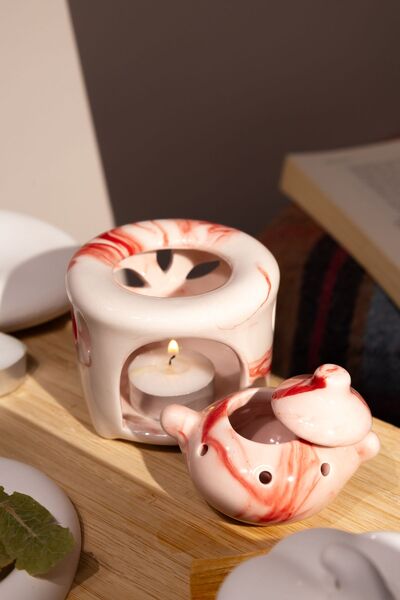 Love Bundles Özel Yapım Seramik Kırmızı Çaydanlık Buhurdanlık (1 adet tealight mum ile)