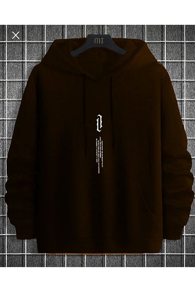 BOHEMGİYİM Men's Black Chest Vertical Printed Oversize Hooded Sweatshirt