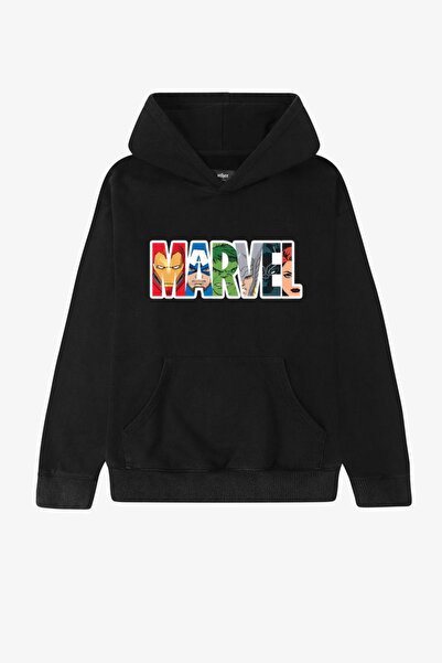 Violon Siyah Kapüşonlu Marvel Kolaj Baskılı Unisex Oversize Sweatshirt