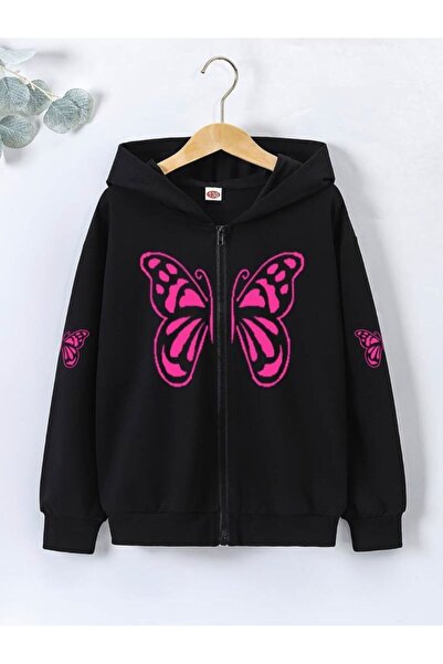 coolart Παιδική ζακέτα με μαύρη στάμπα ροζ πεταλούδα - με κουκούλα, βαμβακερή...