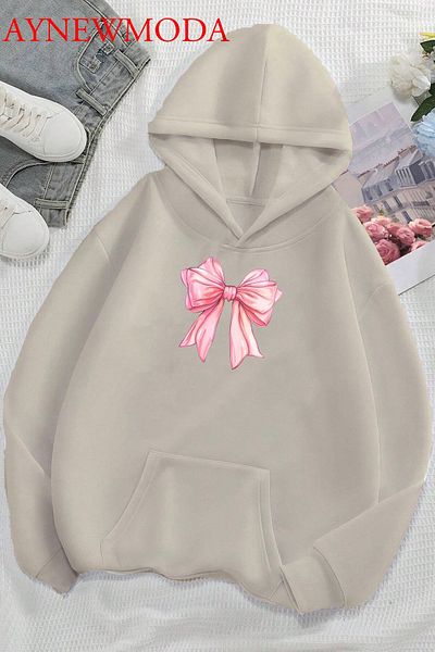 aynewmoda Ecru Oversize Hooded Sweatshirt - Light Pink Ribbon Front Printed