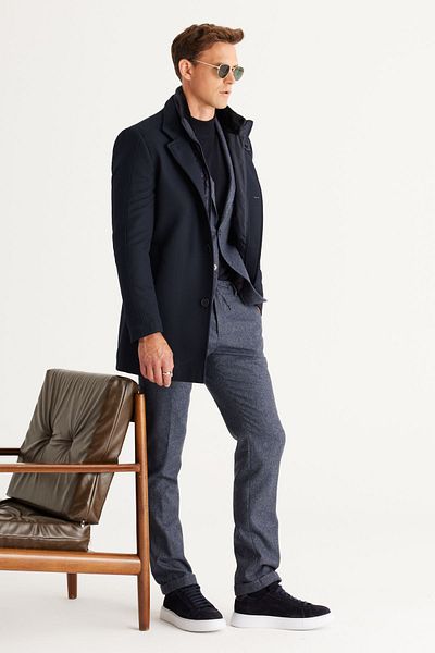 ALTINYILDIZ CLASSICS Ανδρικό παλτό με κανονική εφαρμογή Navy Blue με όρθιο γιακά με μάλλινο σχέδιο