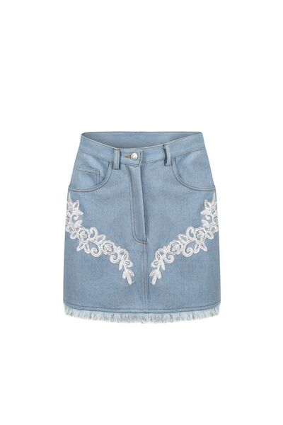 Rheme And Fons Özel Tasarım Couture El Işçiliği Dantelli Mini Denim Etek