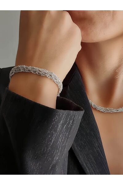 Eva Takı Zırh Örgü Model Çelik Zincir Dokuma Kolye Bileklik Set