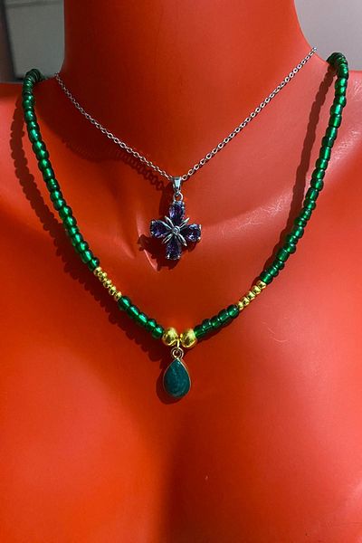 Bourgogne2021 Steel Women's Necklace Set - Floral Pattern, Flower Pattern, 2 Pieces Necklaces