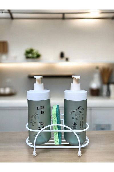 KITCHBATH مجموعة موزع الصابون السائل للمطبخ مع حامل، موزع سائل لغسيل الأطباق على سطح الطاولة، موزع صابون زجاجي باللون الأخضر والأبيض