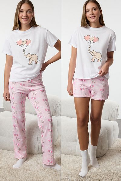 Trendyol Collection Set de pijamale albe, 3 pachete, 100% bumbac, tricotate cu elefant și inimă THMAW25PT00095