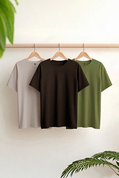Trendyol Collection Sötétbarna-nyérc-khaki karcsú/vékony szabású nyakú 100% pamut 3 csomagos póló TMNSS19BO0007