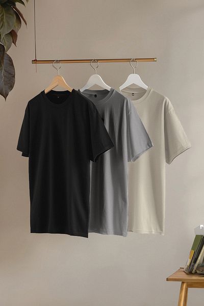 Trendyol Collection Μαύρη πέτρα-ανθρακί Μεγάλο μέγεθος 3 Πακέτο Κανονική/Κανονική Εφαρμογή 100% Βαμβακερό T-Shirt TMNSS24BF00059