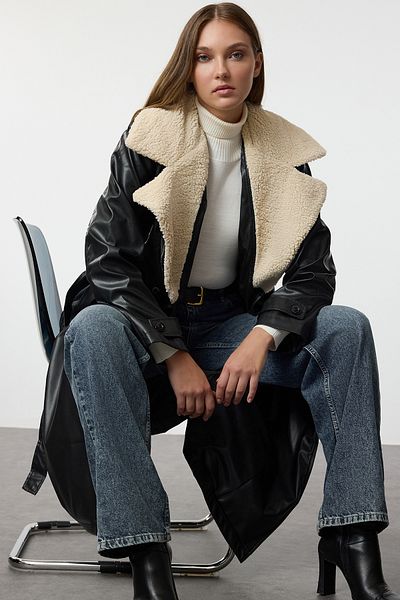 Trendyol Collection Plush Collar Oversize Faux Leather Trench Coat - Twoaw25Tr00026