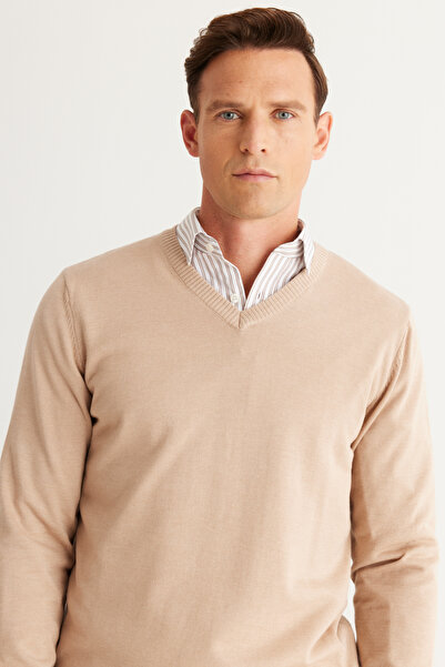 ALTINYILDIZ CLASSICS V-Neck Beige Melange Cotton Knitwear Men's Sweater - Standard Fit