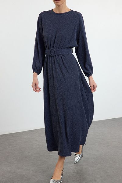 Edit by Trendyol Pleated Navy Blue Knitted Dress - Crinkle Belt, Tedaw25Eb00009