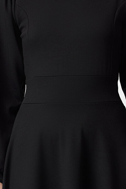 Trendyol Collection Black Zipper Balloon Sleeve Skirt Ruffle Midi Knitted Dress Twoaw25El00509