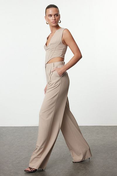 Trendyol Collection Limitovaná edice Stone Wide Leg Woven Kalhoty TPRAW23PL00016