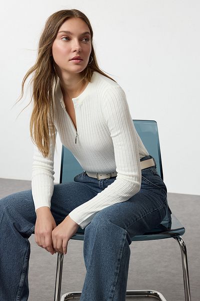 Trendyol Collection Ecru Thin Knitwear Sweater - Half Placket Zippered, Twoaw25Kz00119