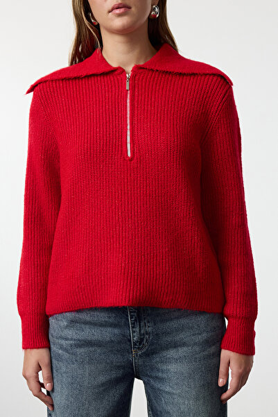 Trendyol Collection Piros gyapjú széles szabású pólógallér cipzáras kötöttáru pulóver TWOAW25KZ00011