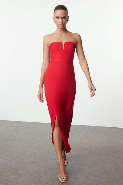 Trendyol Collection Red Bodysuit Strapless Woven Stylish Midi Evening Dress Tpraw25El00056