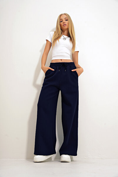 Trend Alaçatı Stili Női sötétkék Palazzo nadrág - 3 szál, bordázott, dupla zseb, ALC-X12569