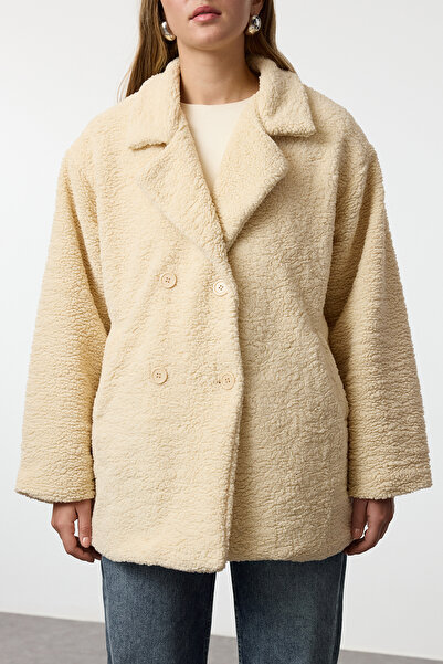 Trendyol Collection Oversize Ecru plyšový midi kabát - Twoaw25Kb00097