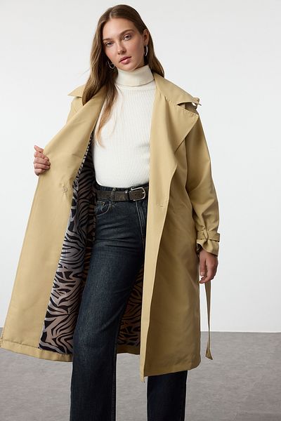 Trendyol Collection Vzorovaný béžový přepásaný dlouhý trenčkot - Twoaw25Tr00028