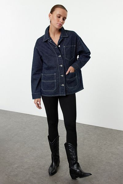 Trendyol Collection Oversize Dark Blue Striped Denim Jacket - Twoaw25Ce00027