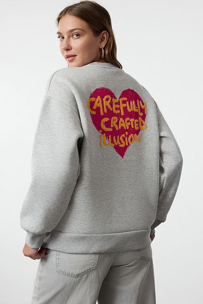 Trendyol Collection Fleece Gray Melange Oversize Sweatshirt - Chest and Back Embossed Printed Twoaw24sw00226