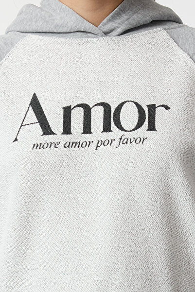 Kolekcia Trendyol Sivá melanžová pár s potlačou Uvoľnený/pohodlný strih Hrubá pletená mikina Twoaw25Sw00088