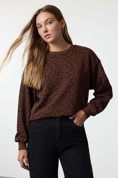 Trendyol Collection Πλεκτό φούτερ σκούρο καφέ φλις - κανονική εφαρμογή TWOAW24SW00365