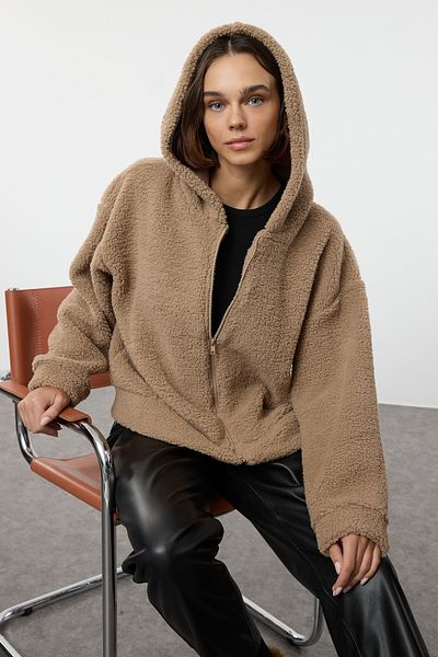 Trendyol Collection Velbloudí plyšová mikina s kapucí a zipem, tlustá pletená mikina - Twoaw25Sw00140