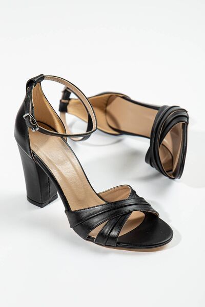 GULT Pantofi de vară încrucișați cu toc acoperit gros pentru damă, negri