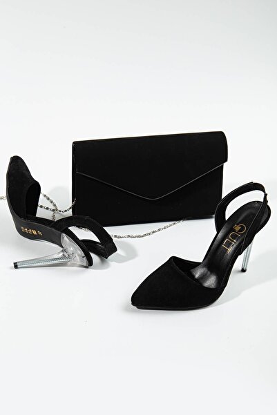 GULT طقم أحذية وحقائب نسائية رفيعة بكعب عالٍ من جلد الغزال الأسود