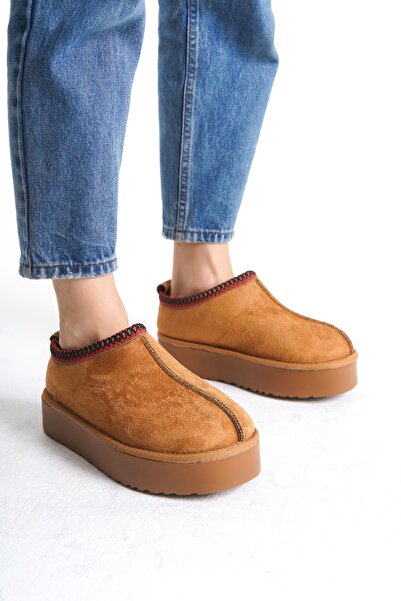 Super Shoes Kadın Kahve Mevsimlik Ayakkabı Camel Kürklü Kısa Rahat Taban Taba Yünlü Bot