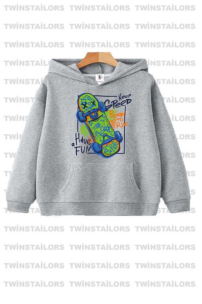 twins tailors Skateboard Printed Hooded Fleece Inside Unisex Gray Children's Tracksuit Set