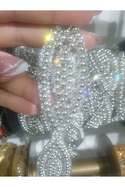 ESRA ŞELEM Silver Color Pearl Bead Stone Detailed Decorative Strip - Iron-On Applique Apparel Accessory
