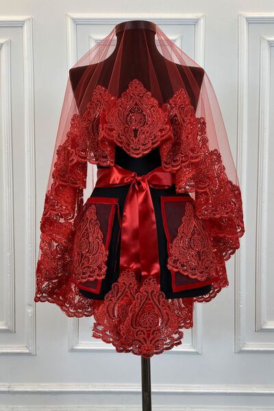 ZEYMERADE طقم حجاب زفاف أحمر، جبر لامع، حجاب ليلي مطرز بالحناء، حجاب للرأس 6 قطع