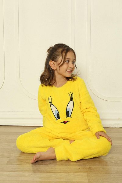Pijamaevi Girl - Yellow Bird Patterned Full Plush Pajama Set