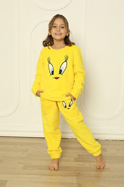 Pijamaevi Sarı Kuş Desenli Tam Peluş Kız Çocuk Pijama Takımı