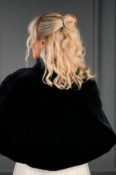 SeddA Black Fur Etol Bridal Invitation Bolero Shawl - Long Bow Poncho Jacket
