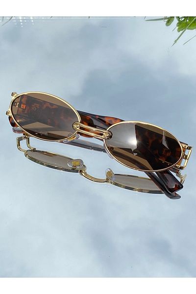 MİSE Oval Gold Unisex Trendy Brown Leopard Sunglasses