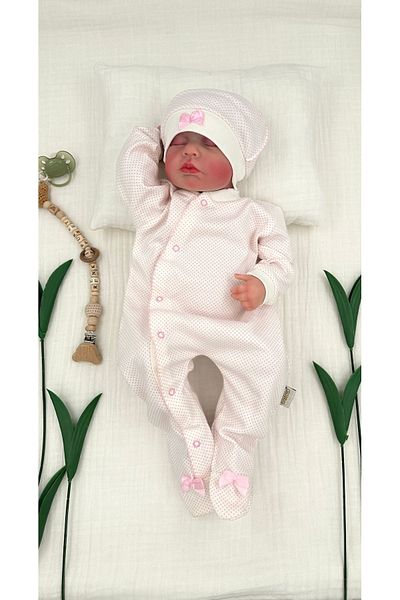 Renkli Puset Pink Baby Girl Jumpsuit Set - 100% Cotton, Hat, Bow Polka Dot
