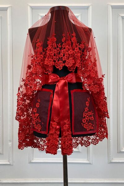 ZEYMERADE طقم حجاب زفاف أحمر، حجاب ليلي مزين بالحناء واللؤلؤ، 6 قطع